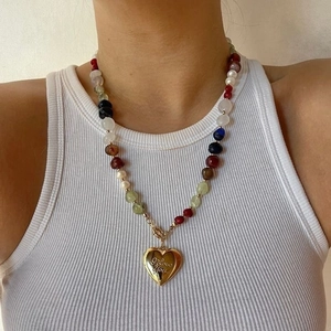 Bohemian vintage necklace with colorful natural stone beads and gold heart pendant