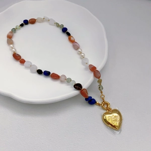 Beaded Necklace With Natural Gemstone Agate Lapis Lazuli Artificial Pearl And Gold Plated Heart Pendant Vintage Style For Women