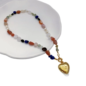 French vintage necklace with natural stone beads, pearls and large heart pendant