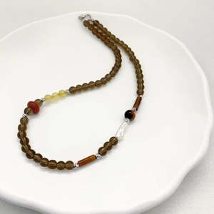 Chic autumn necklace with citrine, baroque pearl, tiger eye and smoky quartz beads