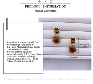 Detail view of gold-plated smoky quartz earrings with S925 silver needle specifications