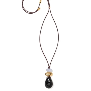 Modern teardrop black onyx pendant necklace with gold metal on long reddish-brown cord