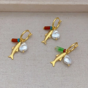 Artificial Baroque Pearl Fish Pendant Hoop Earrings 18K Gold Plated Brass Ocean Style Colorful Chalcedony Jewelry For Women