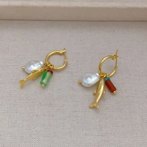 Golden hoop earrings with baroque pearls, fish pendants and colorful chalcedony beads
