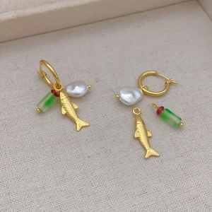 Baroque pearl and green chalcedony fish drop earrings with gold plating for women