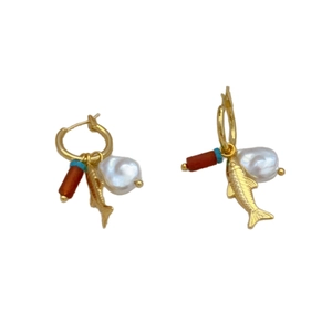Baroque pearl and gold fish drop earrings with colorful turquoise beads for women