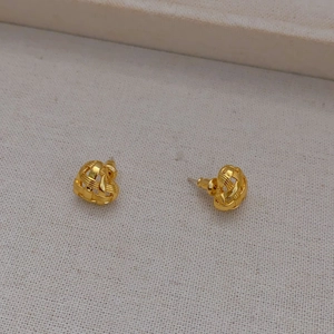 Fashionable woven knot gold stud earrings with textured brushed finish for women