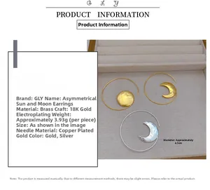 Detail view of gold and silver sun and moon asymmetric hoop earrings with product dimensions