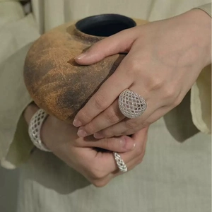 Elegant silver open ring and cuff bracelet set with hollow mesh design and inlaid crystals