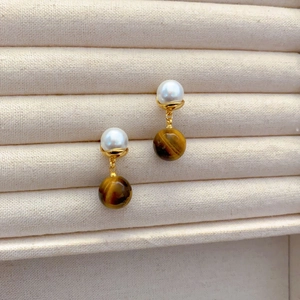Tiger Eye Artificial Pearl Dangle Earrings With 925 Sterling Silver Earring Post French Vintage Geometric Brass Jewelry For Women