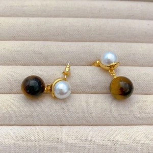 French style gold plated earrings featuring white pearl and brown tiger eye stone beads