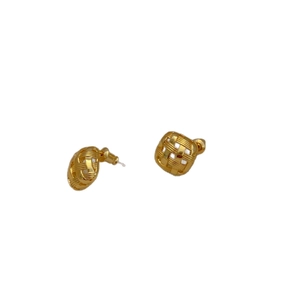 Golden woven texture square earrings featuring 925 silver needle on white background