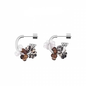 C Hoop Earrings Mixed Stone Beads Dalmatian Tiger Agate 18K Gold Plated Brass With 925 Sterling Silver Earring Post