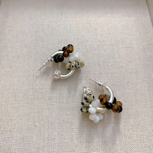 Fashionable silver hoop earrings with natural tiger eye and spotted stone beads for women