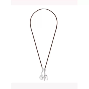 Silver spoon and fork pendant necklace with ebony beads on a long woven brown cord
