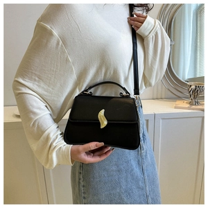 Detail of elegant black trapezoid bag featuring a gold S-curve clasp and smooth matte finish