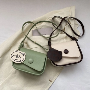 Women Shoulder Crossbody Saddle Bag PU Leather Round Buckle Cartoon Bear Charm Retro Casual Mini Handbag