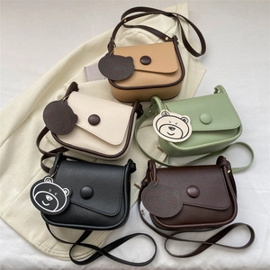 Retro multi-color mini flap saddle bags with cute bear charms and contrasting edges