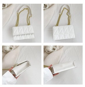 Detailed views of a white quilted crossbody bag with gold chain strap and stitching