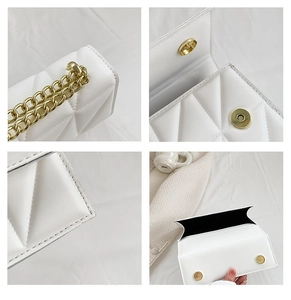 Detailed views of white quilted chain bag showing interior, stitching and gold hardware