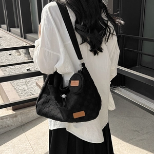 Large black checkerboard canvas shoulder bag with small pouch for women and students