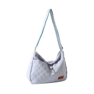Light blue checkerboard woven canvas shoulder bag with drawstring for women