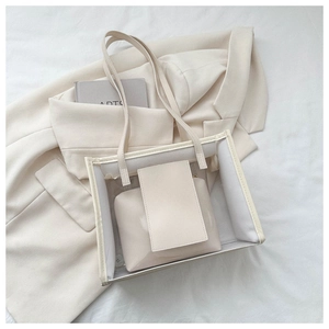 Detailed shot of transparent PVC tote bag with white inner pouch on a stylish blazer