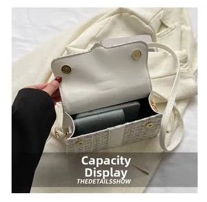 Interior capacity display of white tweed crossbody bag showing phone and wallet storage