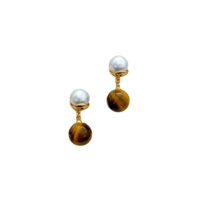 French style gold plated earrings with white pearl and tiger eye stone drops on white background