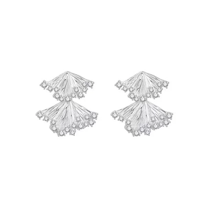 Double-layered fan-shaped earrings with micro-set zircons and silver plating