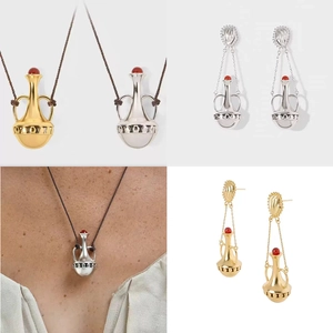 Vintage Amphora Earrings And Necklace Jewelry With Red Agate Bead 18K Gold Plated Brass 925 Sterling Silver Earring Post
