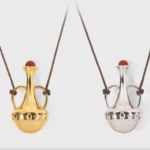 Retro amphora necklace set in gold and silver finish with red agate beads and cord