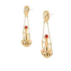 Vintage gold amphora earrings with red agate beads and 925 silver needles for women