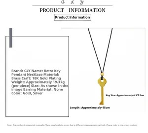 Detail specifications of 18K gold plated vintage key pendant necklace with size data