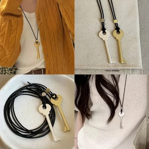Minimalist Key Pendant Necklace 18K Gold Plated Brass Long Sweater Chain With Black Wax Cord For Women