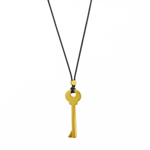 Golden key pendant necklace with black woven rope cord against a white background