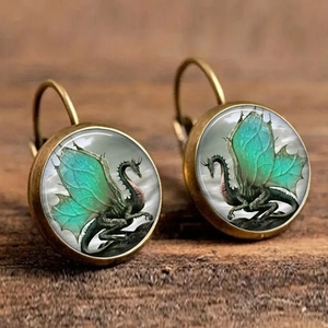 Orecchini a Cabochon in Vetro con Dragone Occidentale Vintage Bronzo Antico Fantasy Gothic Orecchini con Chiusura a Leva Gioielli Donna