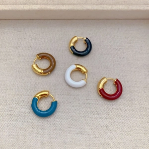 French Style Enamel Hoop Earrings For Women 18K Gold Plated Brass Contrast Color Geometric Small Ear Buckle Fashion Jewelry