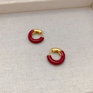 French style gold plated C-shaped hoop earrings with red enamel contrast finish