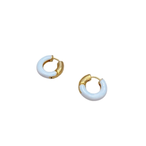 French style gold plated hoop earrings featuring white enamel inlay and hinge closure