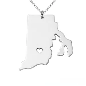 Detailed view of silver Rhode Island map pendant with heart cutout on a thin chain link