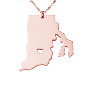 Rose gold Rhode Island state map necklace with hollow heart cutout pendant