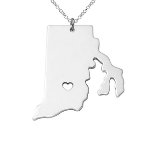 Silver stainless steel Rhode Island state map necklace with a tiny heart cutout pendant