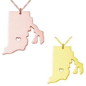 Rhode Island map pendant necklaces in gold and rose gold with heart cutout design
