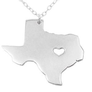 Minimalist silver stainless steel Texas map outline necklace with hollow heart detail
