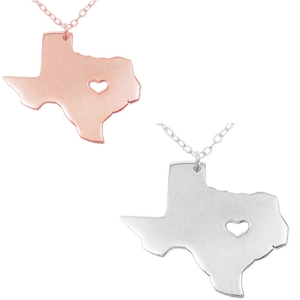 Rose gold and silver Texas state map necklaces with heart cutout on delicate chains