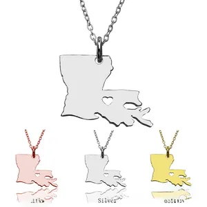 Detailed view of Louisiana state map pendants with heart cutout in three metallic finishes