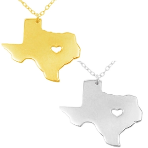 Stainless steel Texas state map pendant necklace with heart cutout in gold and silver finish