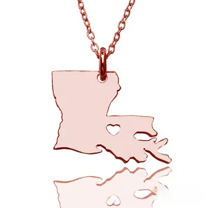 Detailed view of rose gold Louisiana state map pendant with a heart cutout design