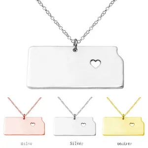 Collier Pendentif Carte État Du Kansas Acier Inoxydable Cœur Ajouré Minimaliste Bijou Géographique Voyage